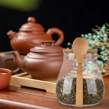 Прозрачная стеклянная банка для хранения чая, бутылка для приправы, домашняя с деревянной ложкой для конфет и кофе 600ml