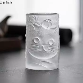 Прозрачная стеклянная чашка Креативный рельеф Кот Кунг-фу Чайная чашка Послеобеденный чай Молочная чашка Стаканчики для сока Стаканчики для колы Домашние стаканчики для напитков 120ML