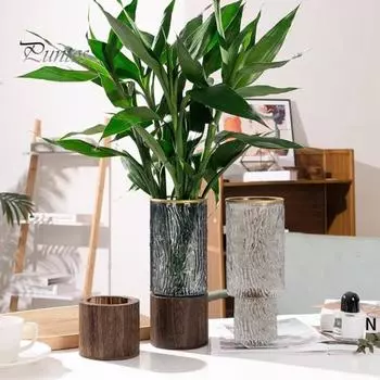 Прозрачная стеклянная цилиндрическая ваза для цветов с деревянным основанием, центральный элемент для обеденного стола на свадьбу, гидропонный держатель для цветов, прозрачный контейнер для растений C