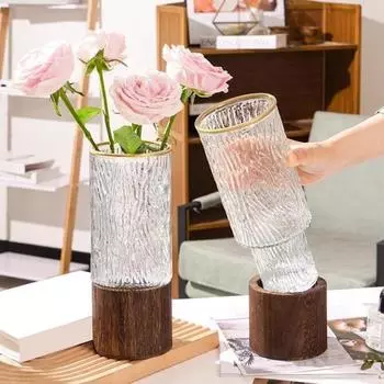 Прозрачная стеклянная цилиндрическая ваза для цветов с деревянным основанием, центральный элемент для обеденного стола на свадьбу, гидропонный держатель для цветов, прозрачный контейнер для растений C