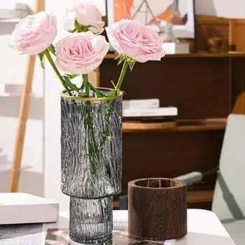 Прозрачная стеклянная цилиндрическая ваза для цветов с деревянным основанием для деревенской свадьбы, ужина C