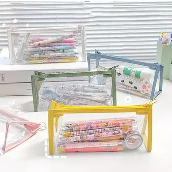 Прозрачная сумка для ручек, многоцелевая, прямоугольная, цветная, на молнии, канцелярская сумка, студенческий аксессуар зелёный