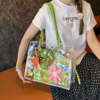 Прозрачная сумка-тоут, модная и популярная, большая вместимость, цветное граффити, летний молодежный новый подарок