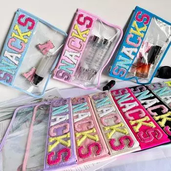 Прозрачная ткань из ПВХ с вышивкой, наклейки для путешествий, водонепроницаемая косметичка, креативная нашивка с буквами, ручной органайзер для макияжа 29x20cm белый