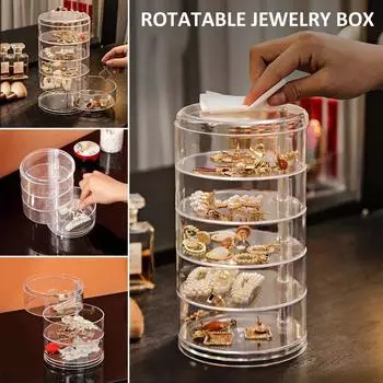 Прозрачная вращающаяся шкатулка для косметики, серьги, ожерелье, коробка для хранения колец, браслетов, органайзер для ювелирных изделий 3 floors
