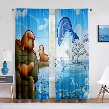 Прозрачная вуаль с изображением океана и животных, Дельфин, морской лев, Кит, тюлевые шторы для гостиной, детской спальни, кухонный декор 1 PCS W100XH250cm&Rod Pocket