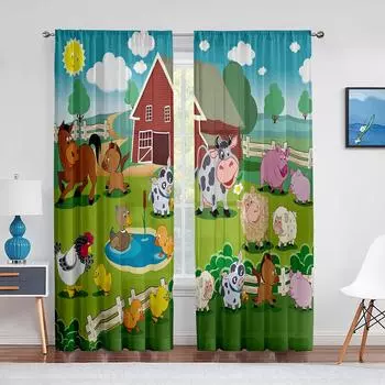 Прозрачная вуаль с изображением сельскохозяйственных животных, милая овечья корова, свинья в сельском окне ранчо, тюлевые шторы для гостиной, спальни, кухни 1 PCS W100XH250cm&Rod Pocket
