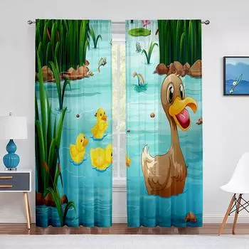 Прозрачная вуаль с изображением животных, занавеска для мамы, утки и младенцев, плавание в воде, тюлевые шторы для гостиной, спальни, кухни 1 PCS W100XH250cm&Rod Pocket
