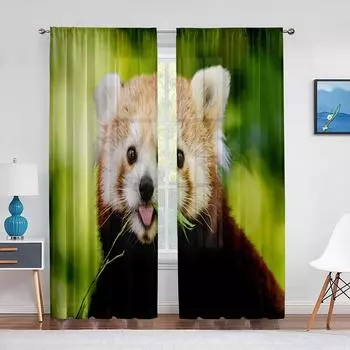 Прозрачная вуаль с красной пандой, занавеска для гостиной, спальни, кухни, декор для отеля, шифоновые занавески с милыми животными, оконные тюлевые шторы 1 PCS W100XH250cm&Rod Pocket