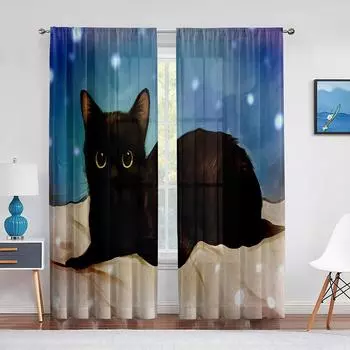 Прозрачная вуаль с милым черным котом, оконные шифоновые тюлевые шторы с мультяшными животными для украшения гостиной, спальни, современные шторы 1 PCS W100XH250cm&Rod Pocket