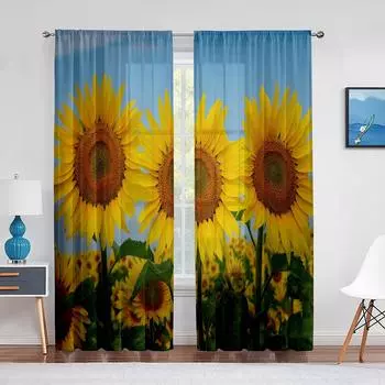 Прозрачная вуаль с подсолнухом, желтые цветы, полевые растения, тюлевые шторы для гостиной, спальни, кухни, шторы, шторы 1 PCS W100XH250cm&Rod Pocket