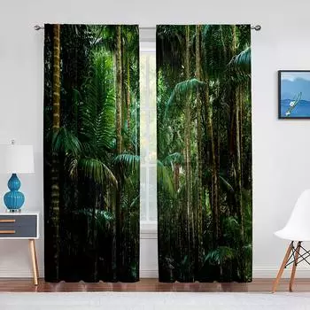 Прозрачная вуаль с тропическим лесом, джунгли, зеленые деревья и экзотические растения, оконные тюлевые шторы для гостиной, спальни, кухни, декор 1 PCS W100XH250cm&Rod Pocket