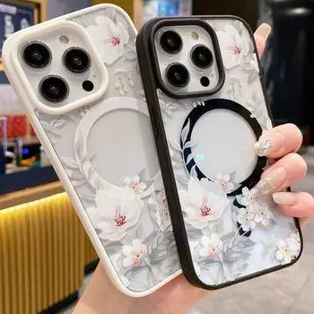 Весенний белый цветочный узор прозрачная задняя крышка для Apple iPhone 16 15 Pro Max 14 13 12 11 цветная рамка для магнитного чехла Magsafe iPhone 15 Pro Max чёрный