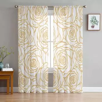 Прозрачная занавеска с цветком розы и золотистого цвета для спальни, тюлевая занавеска из вуали для кухни, гостиной, Декор, украшение для окна 135W x 114H(cm)