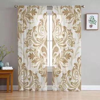 Прозрачная занавеска с цветочным узором и листьями в этническом стиле для спальни, тюлевая занавеска из вуали для кухни, декора гостиной, декор для окна 135W x 114H(cm)