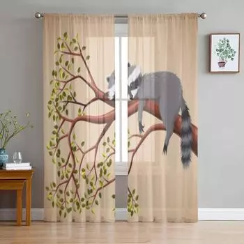 Прозрачная занавеска с изображением енота на ветке для гостиной, современная вуаль, тюлевые оконные шторы для спальни, кухонные шторы 135W x 114H(cm)