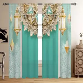 Прозрачная занавеска с принтом «Дворец луны Рамадана», для гостиной, спальни, с карманом на штанге, декоративная, для офиса, общежития, для дома, 2 шт. 1x50W60H(CM)&Hook