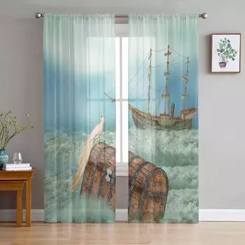Прозрачная занавеска с волнистой лодкой и павлином для спальни, тюль-вуаль, занавеска для кухни, гостиной, декор, обработка окна 135W x 114H(cm)