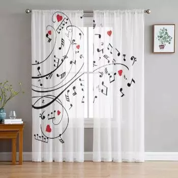 Прозрачная занавеска с завитками, музыкальными нотами и сердечками для гостиной, современная вуаль, тюлевые оконные шторы для спальни, кухонные шторы 135W x 114H(cm)