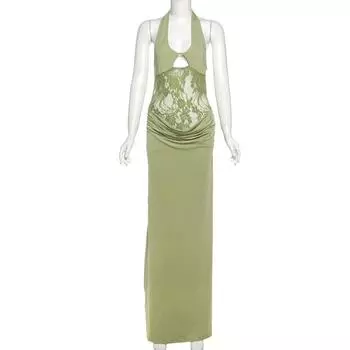 Прозрачное кружевное ажурное сексуальное платье для вечеринок и клубов Y2K, наряды для женщин, летние платья без рукавов и спины, облегающие пляжные макси-платья S зелёный