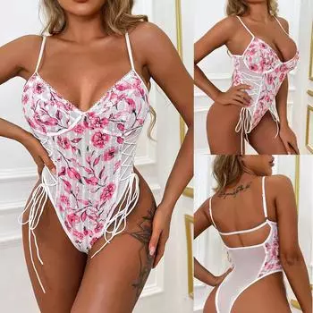 Прозрачное кружевное белье Тедди с цветочным принтом, фестиваль косплея для женщин, кружевное боди с повязкой и вышивкой M