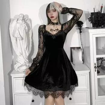 Прозрачное мини-платье с длинными рукавами и оборками, винтажное облегающее платье с кружевной отделкой, праздничное L чёрный