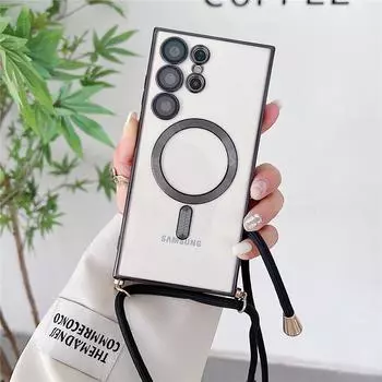 Прозрачное мягкое покрытие, ремешок через плечо, ожерелье, магнитный чехол для зарядки для Samsung S23 24 Ultra S22 S21 FE, мягкий чехол для iphone 15 14 13 12 11 Pro Max iphone X XS красный