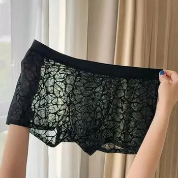 Прозрачное мужское нижнее белье Сексуальные выпуклые боксеры Прозрачные мягкие брифы Дышащие шорты с кружевной отделкой для повседневной носки и сна XL