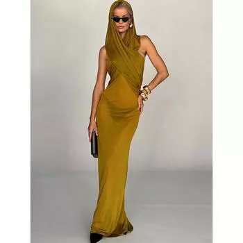 Прозрачное платье с капюшоном Сексуальные узкие длинные платья с открытой спиной Женские 2023 Элегантное платье-футляр Maxi Vestido с круглым вырезом и высокой талией Slim Fit Цельное платье S жёлтый