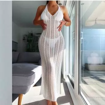 Прозрачное пляжное платье без рукавов с открытой спиной и халтером - Приталенное Medium белый