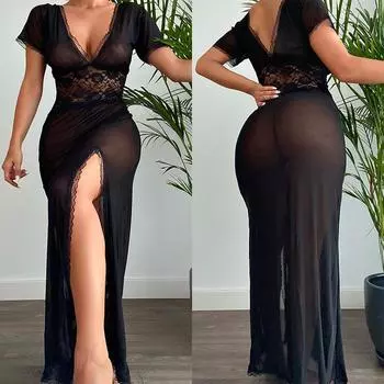 Прозрачное сетчатое платье с высокой талией, сексуальное модное кружевное пляжное платье с высоким разрезом и короткими рукавами, тонкое прозрачное платье макси S чёрный