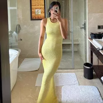 Прозрачное сексуальное пляжное платье с пайетками для женщин, летние тонкие длинные платья без рукавов с высокой талией, женское облегающее вечернее платье, элегантное платье-майка для отпуска Femme S жёлтый
