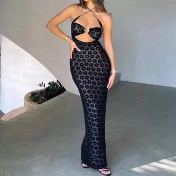 Прозрачное вечернее сексуальное платье с вырезами, женское летнее новое модное облегающее платье с лямкой на шее и открытой спиной, женское облегающее черное платье с высокой талией 1026 S чёрный