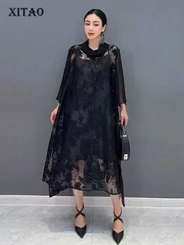 Прозрачное жаккардовое платье XITAO, однотонное женское платье LYD1803 One Size чёрный