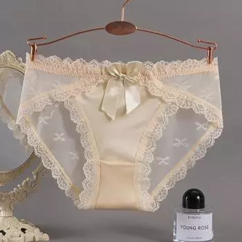 Прозрачные белые трусики из французского кружева и сетки с низкой талией для женщин L [Weight: 100-130 lbs]