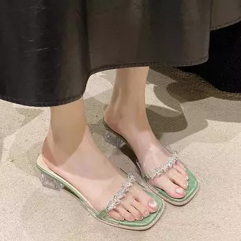 Прозрачные босоножки Fish Mouth, женские туфли на высоком каблуке, со стразами, Fairy Wind 2024, новые летние тапочки на высоком каблуке 35 серебряный