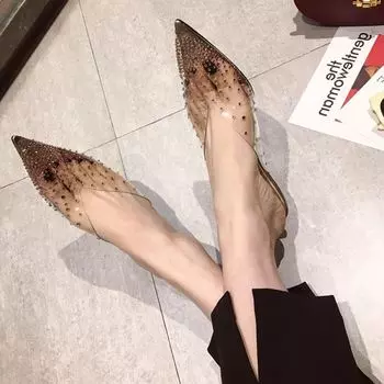 Прозрачные босоножки на каблуках, женские тапочки, мюли со стразами, женская обувь 2024 года, модная элегантная обувь на среднем каблуке, новинка лета 2024 года 34 шампанского