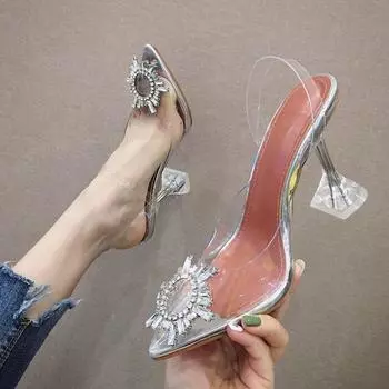 Прозрачные босоножки на каблуке, сандалии с цветком солнца, женская обувь, женская обувь, новинка 2022 года, летние пикантные женские туфли-лодочки с кристаллами, большие размеры 42 37