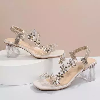 Прозрачные босоножки на квадратном каблуке для женщин, летние, большой размер, высокий каблук, модные женские повседневные босоножки на толстом каблуке, размер 43 35 чёрный