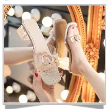 Прозрачные босоножки на высоком каблуке для женщин 2024 Новые корейские босоножки со стразами Тапочки с одним шагом и тапочки на высоком каблуке 35 бежевый