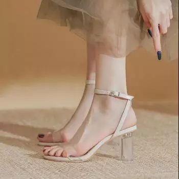 Прозрачные босоножки на высоком каблуке для женщин Летние босоножки с пряжкой на толстом каблуке Женская обувь для активного отдыха Женские босоножки на высоком каблуке 35 бежевый