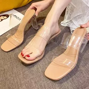 Прозрачные босоножки на высоком каблуке из натуральной кожи из овчины с одним ремешком и кристаллами Летние босоножки на среднем каблуке 34