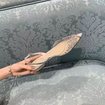 Прозрачные босоножки со стразами, летние новые туфли на плоской подошве Baotou, женские туфли с хрустальным низким каблуком и ремешком сзади, сандалии Mujer 35