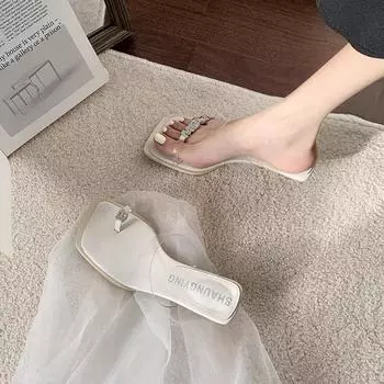 Прозрачные босоножки со стразами на носке женские летние с квадратным носком сексуальный темперамент поздний вечерний бриз нежные туфли средний каблук высокие каблуки женские шпильки 34