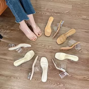 Прозрачные босоножки женские летние 2025 года, новая верхняя одежда, средний каблук, толстый каблук, кристаллы, высокие каблуки, модное слово с классными тапочками 34