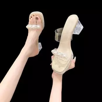 Прозрачные босоножки женские на высоком каблуке лето 2025 новый средний каблук мода универсальные толстые каблуки носить стразы классные тапочки 35