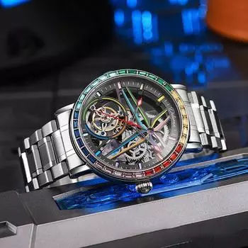 Прозрачные часы Skeleton Tourbillon для мужчин, роскошные водонепроницаемые 3ATM, полностью стальные, автоматические механические часы со стразами, мужские подарки, Reloj Hombre Rubber strap чёрный
