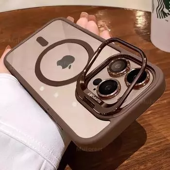 Прозрачные чехлы для iPhone 16 15 14 13 12 11 Pro Max Plus для Magsafe Magnetic Flip Cap Stand Holder Glass Lens Protection Cover For iPhone 16 ProMax розовый