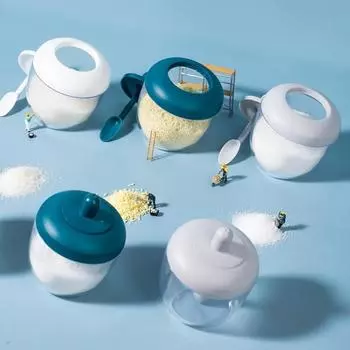 Прозрачные креативные японские кухонные круглые влагостойкие пылезащитные банки для специй, контейнеры для приправ с ложкой, пищевой пластик синий