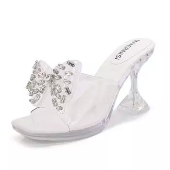 Прозрачные крутые шлепанцы с бантиком из стразов, летние новинки, квадратный носок, фееричный темперамент, хрустальные сандалии, рюмка и высокие каблуки 35